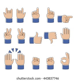 Set of hands icons and symbols, emoji, vector illustration. Moder line work. Different hands icons for websites and applications. Modern flat design. Emoticon vector illustration.