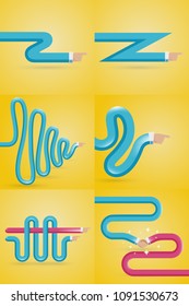 Set of hands idicates to something in different approaches. Straight and winding ways. Pointing to something. Vector illustration