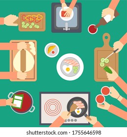 Set of hands in the kitchen, set of hands. Cooking process, cooking food. Vector illustration