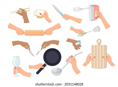 Set Hands with Kitchenware Isolated on White Background. Female Arms Holding Knife, Mixer and Rolling Pin, Cooking Pan, Soup Ladle, Turner with Salt or Cutting Board. Cartoon Vector Illustration