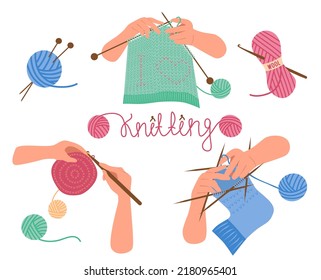 Set of hands with knitting. Hands crochet, hands knitting scarf, hands knitting a sock on 5 needles. Letters made of thread. Illustration in flat style, isolated on white background. Handmade concept