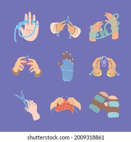 set of hands knitting with wool