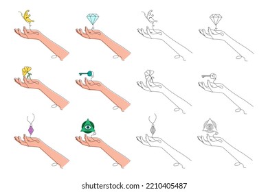 Conjunto de manos, líneas de las manos de estilo artístico, un dibujo de línea