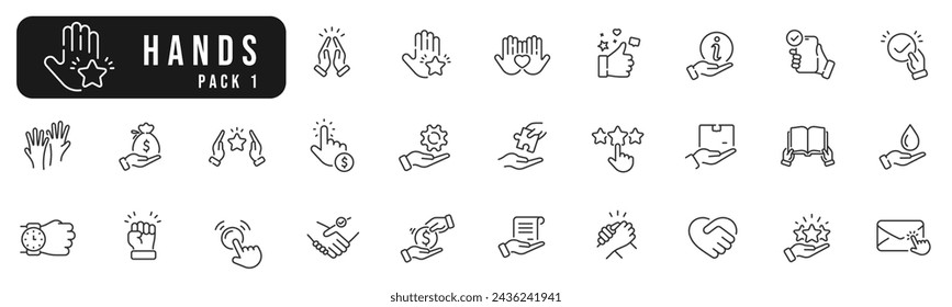 Set of hands line icons pack 1. Point, finger, book, handshake, document etc. Editable stroke