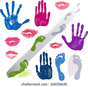 Set hands, lips, foots, footsteps prints  isolated on white background