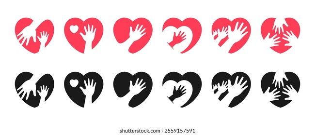 Set of hands and love design template. Caring and helping others concept. Creative vector symbol.