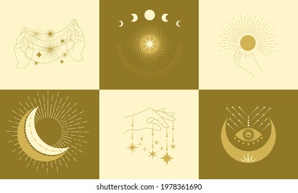 A set of hands with magic symbols. Esoteric images of the moon, stars, sun, and constellations.