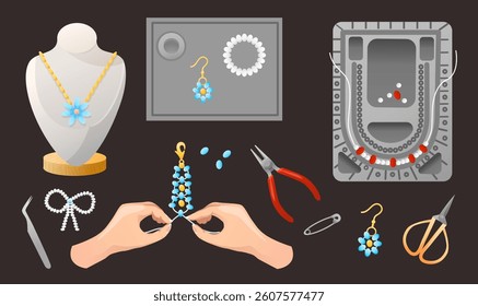 Set with Hands making bracelets, depicting various jewelry making tools and techniques, a necklace on a stand, pliers, and a Beading Board Tray, highlighting the craft process