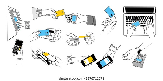 Set of hands making contactless payment vector.