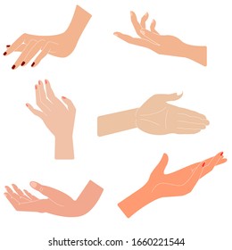 Set of hands making different gestures, movements, touch. Vector illustration, flat cartoon, eps 10. Palms, fingers, manicure, male and female. Concept: design elements, hold in hands, stroking.