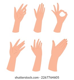 Set Of Hands Making Different Gestures, Arm Showing Ok Sign, Open Palm Waving, Signaling Something To The Viewer, Female Hand Convey Message Of Greeting Or Warning. Cartoon People Vector Illustration