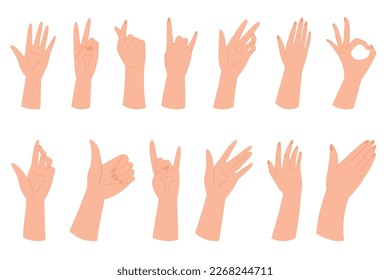 Set Of Hands Making Different Gestures, Signaling Something To The Viewer, Convey Message Of Greeting, Instruction Or Warning. Waving, Ok, Thumb Up or Victory Signs. Cartoon People Vector Illustration