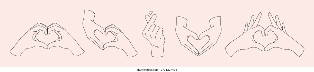 Conjunto de manos haciendo gesto de amor en forma de corazón. Ilustración vectorial de esquema