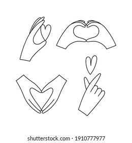 Set of hands making heart sign, holding heart, korean heart gesture, finger love symbol - Vector hand drawn illustration for Valentines Day holiday of february 14