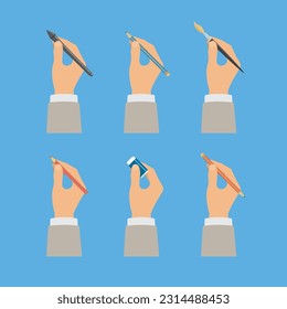 Set of hands of man with shirts and jacket sleeves holding stationery, art supplies, stylus pen, pencil, paintbrush, colored pencil and eraser in flat illustration