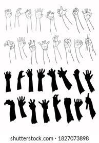 Conjunto de manos en muchos gestos, dibujo y silueta, sobre blanco. dibujo vectorial