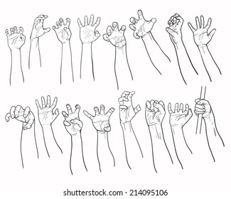 Juego de manos en muchos gestos sobre blanco. dibujo vectorial