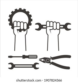 set of hands and mechanic tools icon. icon for auto service or other.