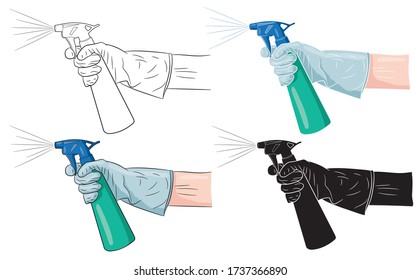 A set of hands in medical gloves holding antibacterial disinfectant spray. Alcohol disinfectant for the prevention of colds, viruses and the flu. Alcohol spray to fight against Coronavirus. 