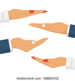 Set the hands of men and women palms up to showcase objects. People makes a gesture with hands. Vector illustration flat design. Isolated on white background. Empty space, template for demonstrations.