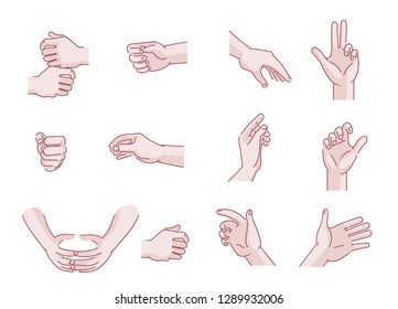 Set of hands Men's in different gestures emotions palm,hand back, side view. vector illustration isolated on a white background. Simple hand drawn style.