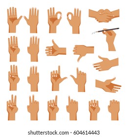 Set of hands Men's in different gestures emotions 
palm,hand back, view and signs One to ten on white background isolated vector illustration