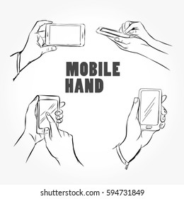 Set of hands with mobile phone. Hand drawn vector doodle illustration.