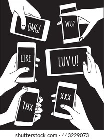 Set of hands with mobile phone smartphone and tablet. Hand drawn vector black and white cartoon doodle illustration.