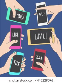 Set of hands with mobile phone smartphone and tablet. Hand drawn vector cartoon doodle illustration.