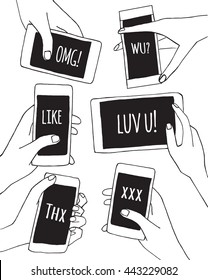 Set of hands with mobile phone smartphone and tablet. Hand drawn vector black and white cartoon doodle illustration.