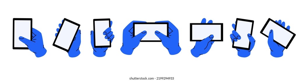 Set of hands with mobile phones. Hands holding phones with empty screens mockup. Finger touches screen. Smartphones with a blank white screen.