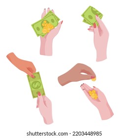 Hände mit Geld. Bankgeschäfte, Wohltätigkeitsorganisation, Geldtransfer, Einkauf. Kredit, Darlehen. Vektorgrafik von Isolaten auf weißem Hintergrund.
