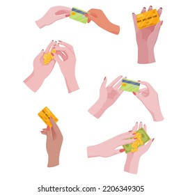 Juego de manos con dinero. Operaciones bancarias, caridad, transferencia de dinero, compras. Crédito, préstamo. Ilustración vectorial de aislados en un fondo blanco.