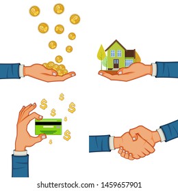 set of hands with money on a white background