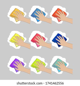 Set of hands with multi-colored towels, rags. Vector stock illustration eps 10.
