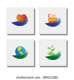 set of hands of nature love, protect environment - vector icons. this also represents responsibility, compassion, expressing love, giving gift, charity, conservation of planet's resources