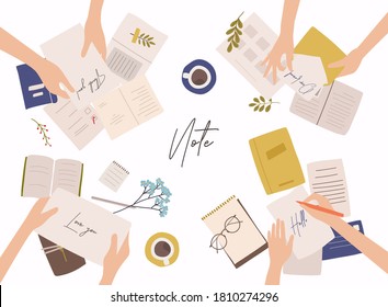 Set of Hands with notebooks, notepads, memo pads, planners, organizers for making writing notes. Colorful vector illustration in flat style.