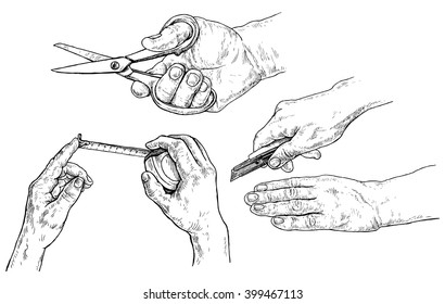 A set hands and an office knife  scissors   roulette    hand drawn vector illustration  isolated white