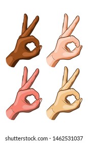A set of hands with an OK sign on a white background. Skin color of different races and nationalities. Vector illustration