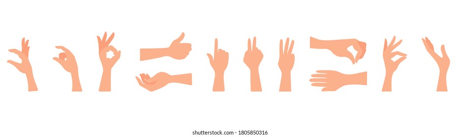 Set of hands on a white background. Different hand gestures, hold, take, give, pinch, approve, support, okay, okay. Fingers closed, open, palm, hand, skin. Vector illustration, flat design, eps 10.