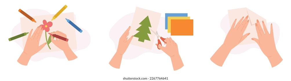 Set Of Hands Painting, Cutting Colored Paper, Folding Paper Sheet For Origami Top View. Concept of Diy, Creativity, Hobby, Creative Classes and Leisure Sparetime. Cartoon Vector Illustration