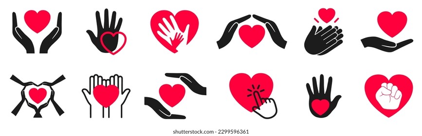 Set hands and palms with heart icons, hands holding heart icon, care help, medicine, love, health sign in line and flat style - stock vector