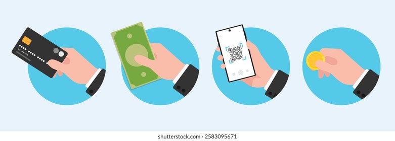 Set of hands payment in different option, Hand holding credit or debit card for payment, Hand holding smart phone to scan for paying by application online banking, Hand holding golden coin and dollar 