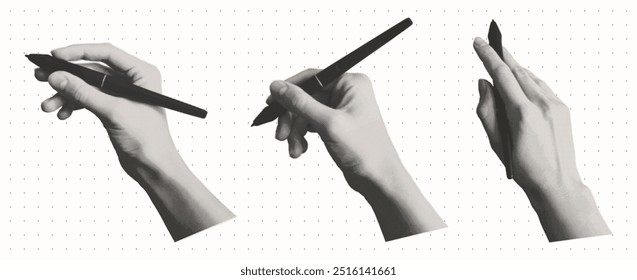 Set of hands with a pen in different positions. Hands holding a pen in halftone style. Stippled vector illustration. Trendy hand elements for collage