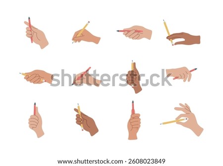 Set of hands with pencil or pen. Handwriting, stationery. Write skill. Hand with writing tool. Isolated vector illustration
