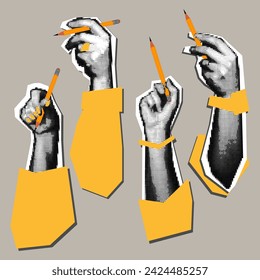 A set of hands with a pencil in the style of pop art grunge collage. Vector hand with pencil and fashion items. Pop art illustration, collage. Yellow pencil and details. Fashionable dotted on grey