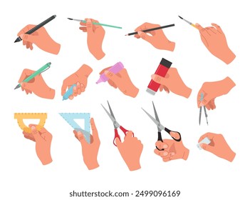 Set of hands with pencils, pen, brushes and other stationery. Vector cartoon isolated illustration