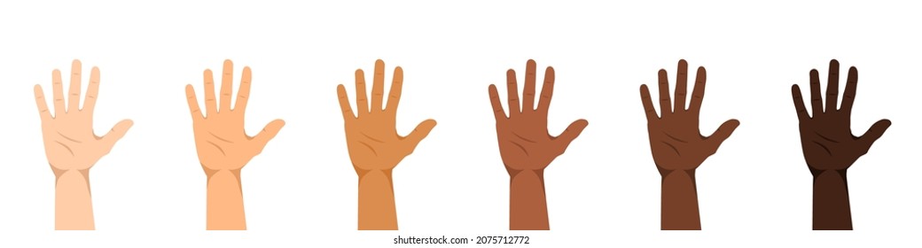 A set of hands of people of different nationalities and races: Europeans, Asians, Caucasians, African Americans, etc. Hands of different skin colors. Flat style. Vector illustration