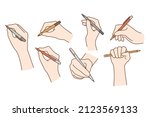 Set of hands of people with pens and pencils writing or taking notes. Collection of person with writing tools handwrite or summarize. Education and learning concept. Vector illustration. 