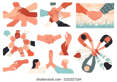 Set of hands. People unite, support each other